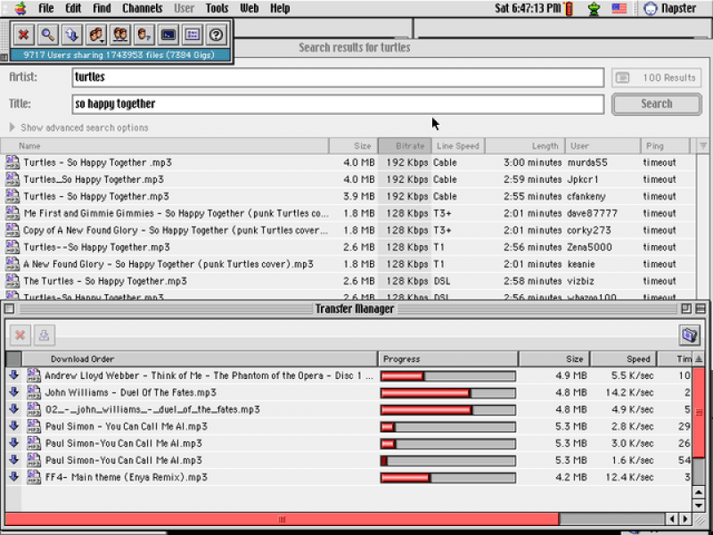 Downloading music from Napster in 2001.