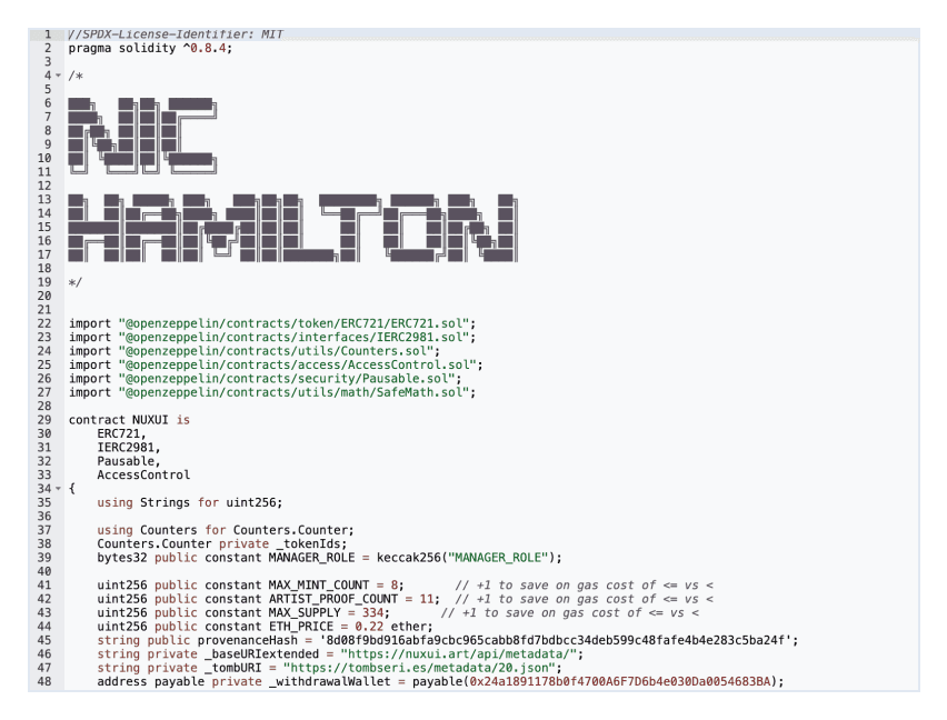 The custom contract Nic deployed to mint NUXUI