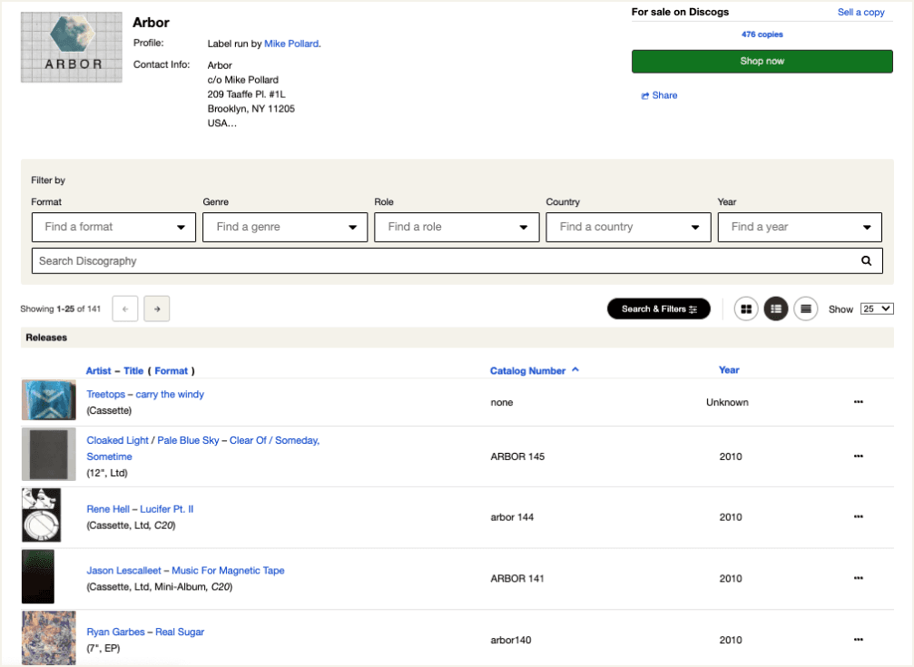 Arbor's Discogs page.